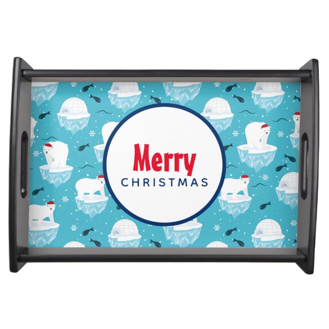 Cute Polar bears in Santa Hats Christmas Pattern Serving Tray (Front)