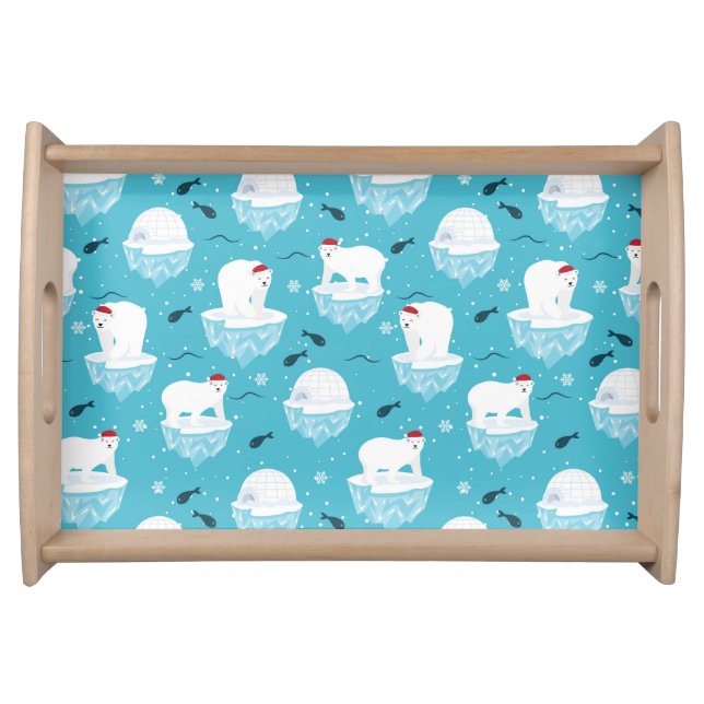 Cute Polar bears in Santa Hats Christmas Pattern Serving Tray (Front)