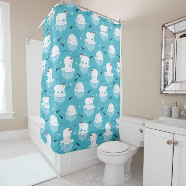 Cute Polar bears in Santa Hats Christmas Pattern Shower Curtain (In Situ)