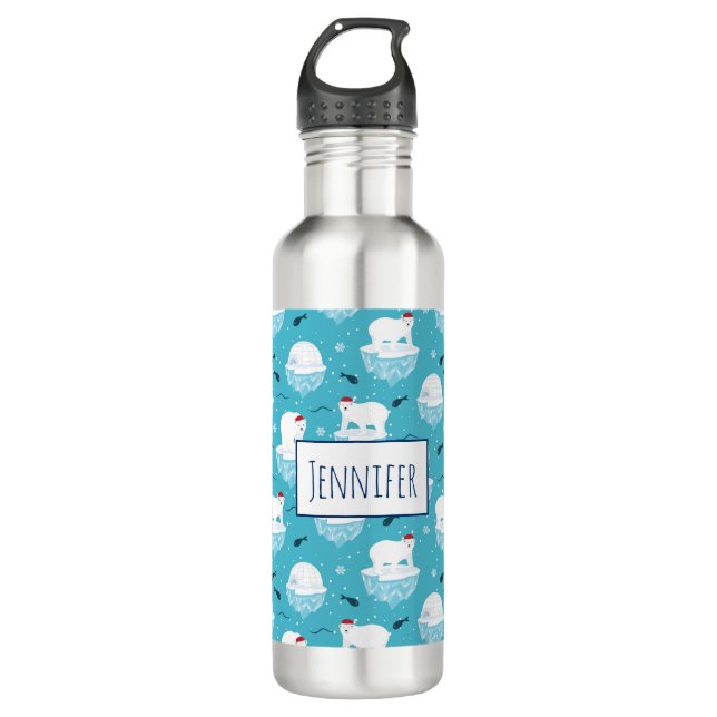 Cute Polar bears in Santa Hats Christmas Pattern Stainless Steel Water Bottle (Front)