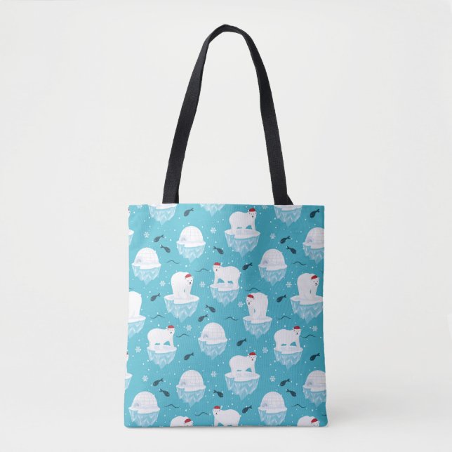 Cute Polar bears in Santa Hats Christmas Pattern Tote Bag (Front)