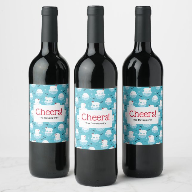 Cute Polar bears in Santa Hats Christmas Pattern Wine Label (Bottles)