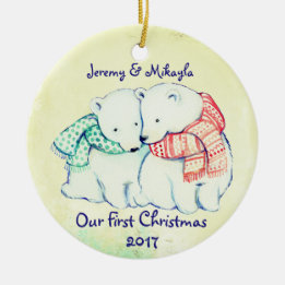 Cute Polar Bears in Scarves "Our First Christmas" Ceramic Ornament