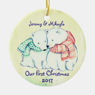 Cute Polar Bears in Scarves "Our First Christmas" Ceramic Ornament