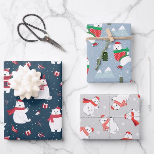 Cute Polar Bears in Three Blue Christmas Patterns Wrapping Paper Sheets