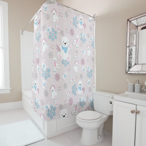 Cute Polar Bears Let It Snow Pattern Print Shower Curtain