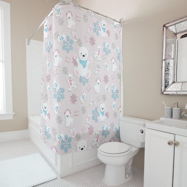 Cute Polar Bears Let It Snow Pattern Print Shower Curtain (In Situ)
