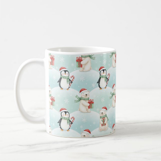 Cute Polar Bears & Penguins Christmas Pattern Mug (Left)