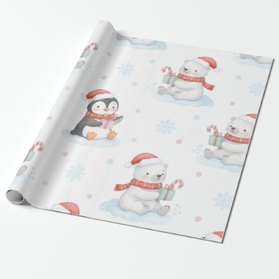 Cute Polar Bears Penguins Christmas Wrapping Paper