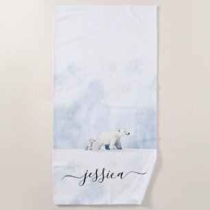 Cute polar bears script name beach towel