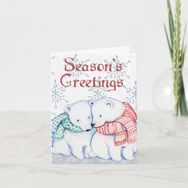 Cute Polar Bears Seasons Greetings Christmas Holiday Card (Front)