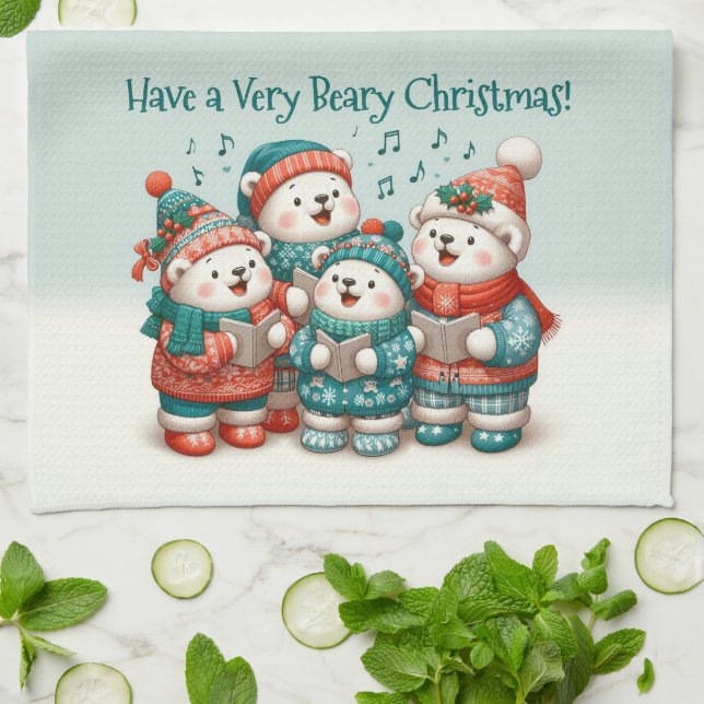 Cute Polar Bears Sing Have a Very Beary Christmas! Kitchen Towel (Folded)