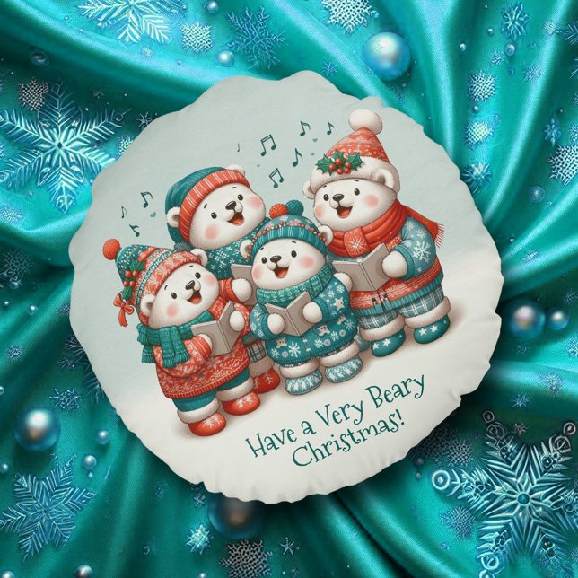 Cute Polar Bears Sing Have a Very Beary Christmas! Round Pillow (Cute Polar Bears Sing Have a Very Beary Christmas Round Throw Pillow Cover Photo)