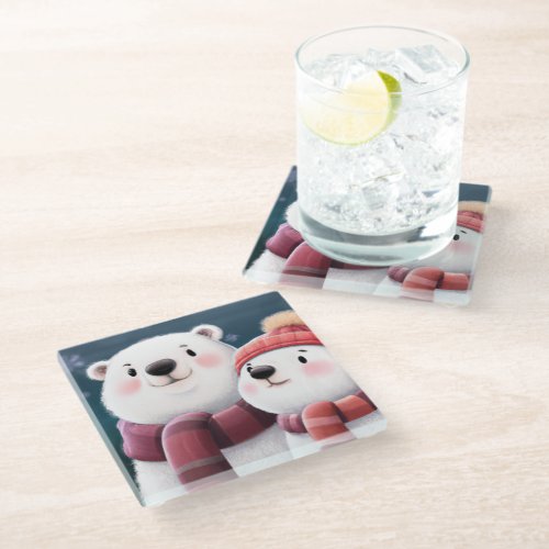 Cute Polar Bears Wearing Scarves Glass Coaster