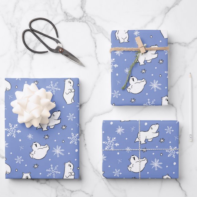 Cute Polar Bears Whimsical Snowflakes Winter Wrapping Paper Sheets (Front)
