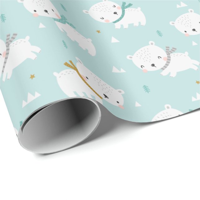 Cute Polar Bears with scarves on light blue Wrapping Paper (Roll Corner)