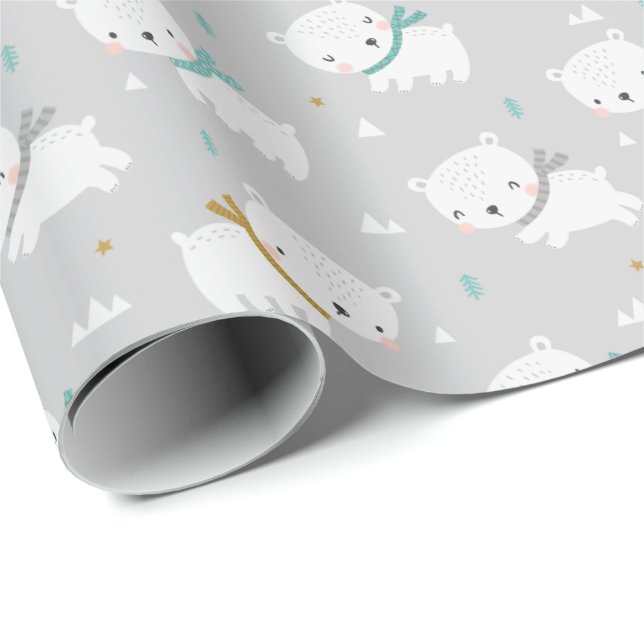 Cute Polar Bears with scarves on light grey Wrapping Paper (Roll Corner)