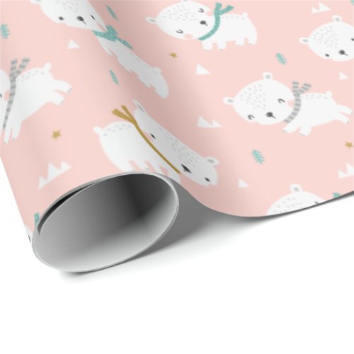 Cute Polar Bears with scarves on light pink Wrapping Paper