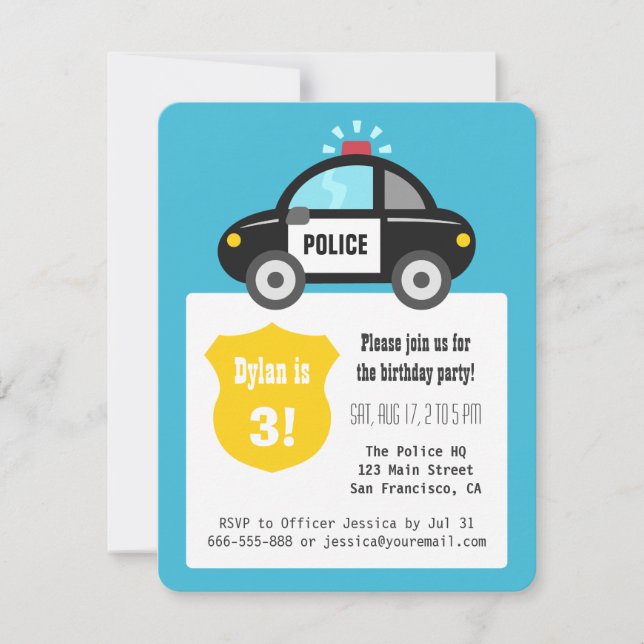 Cute Police Car Kids Birthday Party Invitation (Front)