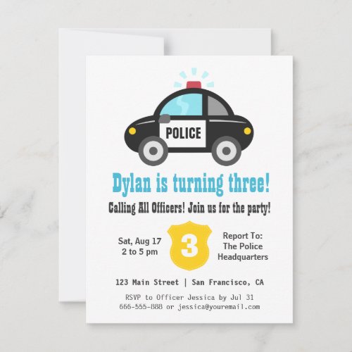 Cute Police Car Kids Birthday Party Invitations