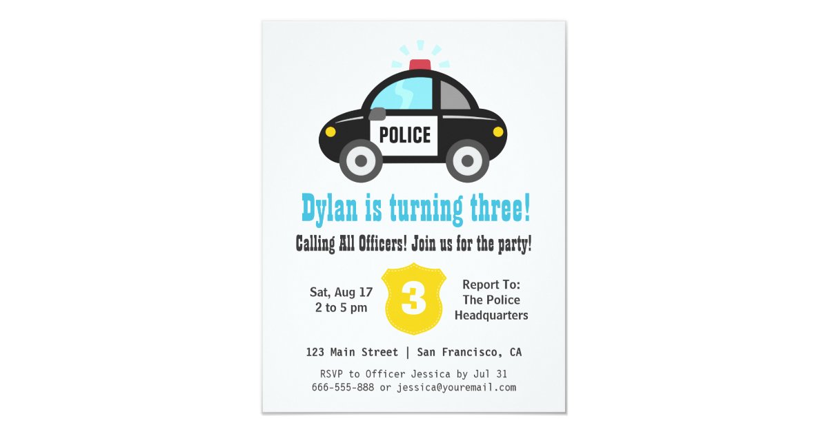 Cute Police Car Kids Birthday Party Invitations Zazzle Com
