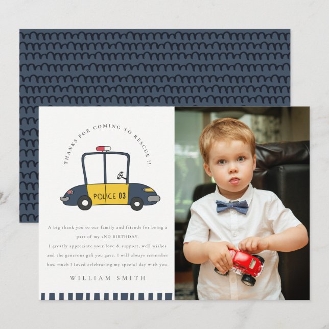 Cute Police Car Rescue Kids Photo Any Age Birthday Thank You Card (Front/Back)