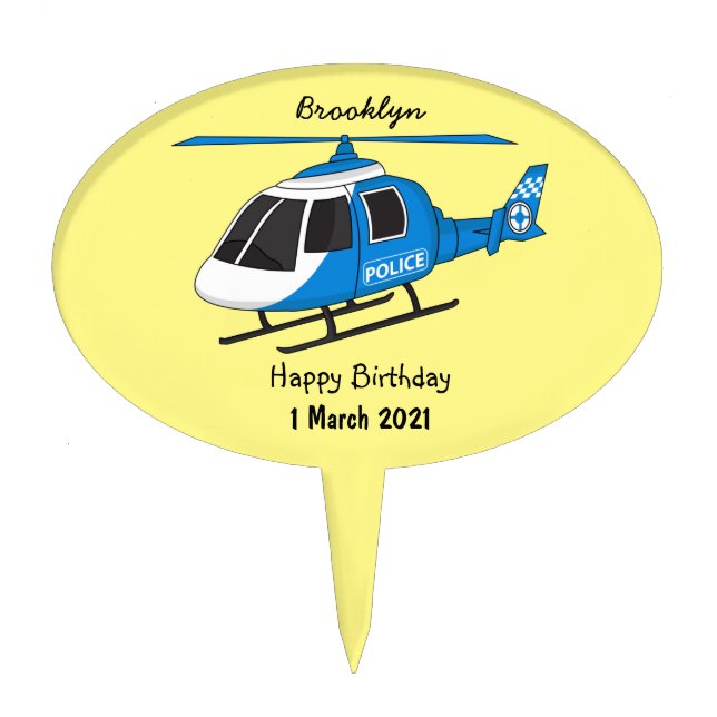 Cute police department helicopter chopper cartoon cake topper (Front)