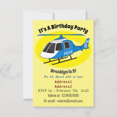 Cute police department helicopter chopper cartoon invitation