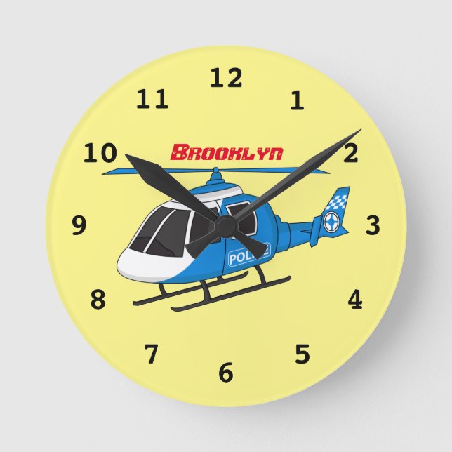 Cute police department helicopter chopper cartoon round clock (Front)