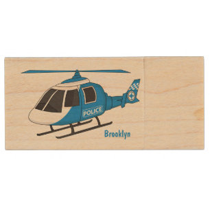 Cute police department helicopter chopper cartoon wood flash drive