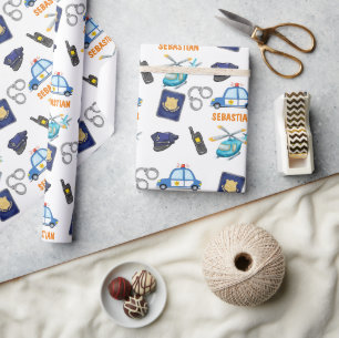 Cute Police Officer and Car Birthday Party Wrapping Paper