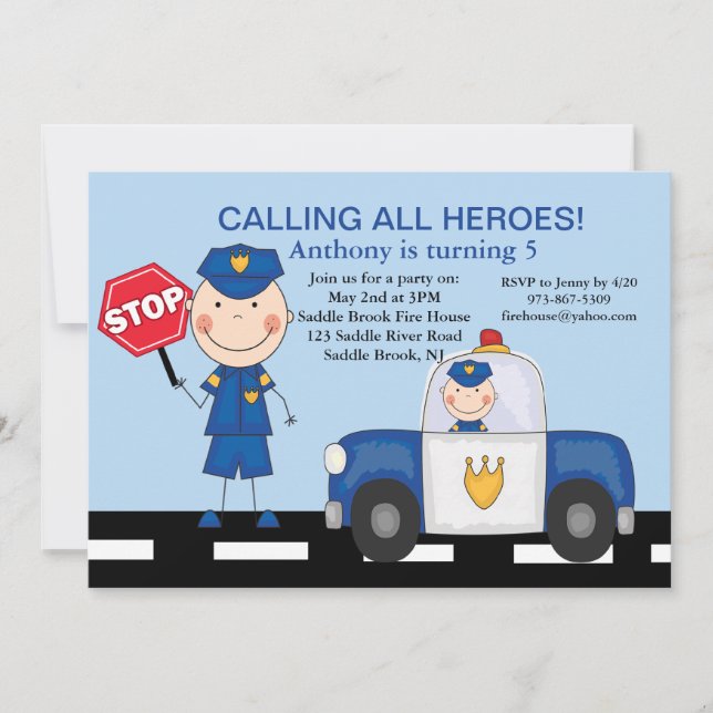 Cute Policeman Heroes Birthday Invitation (Front)