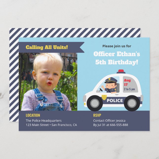 Cute Policeman in Car Boys Birthday Party Photo Invitation (Front/Back)