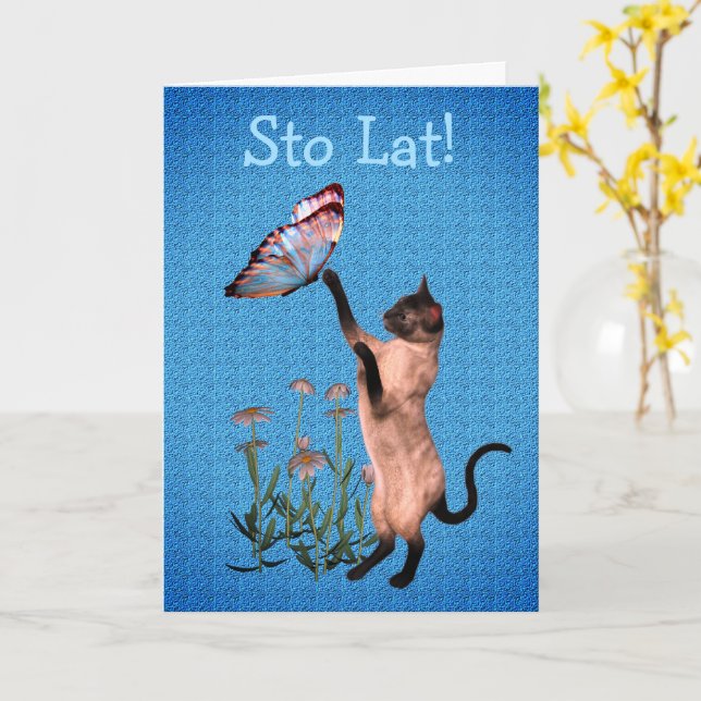 Cute Polish Birthday Cat Butterfly Card (Yellow Flower)