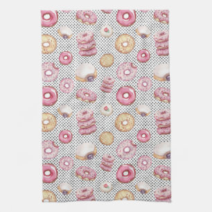 Cute Polka Donuts Pink Black White Dot Pattern Kitchen Towel