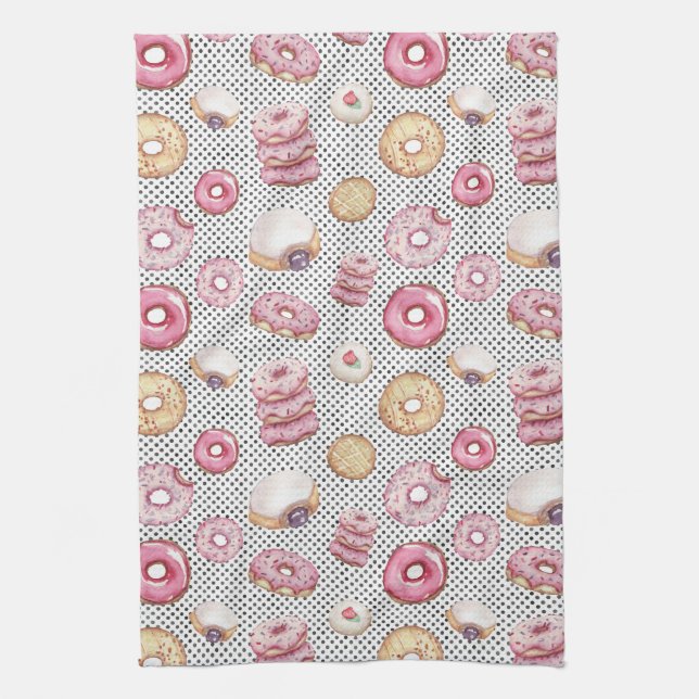 Cute Polka Donuts Pink Black White Dot Pattern Kitchen Towel (Vertical)
