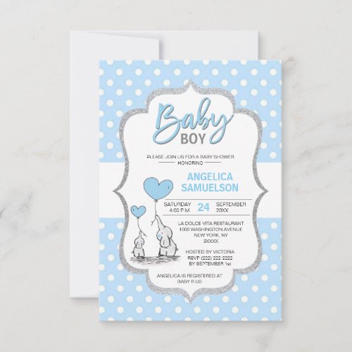 Cute Polka Dot Blue Grey Elephant Baby Shower BOY Invitation