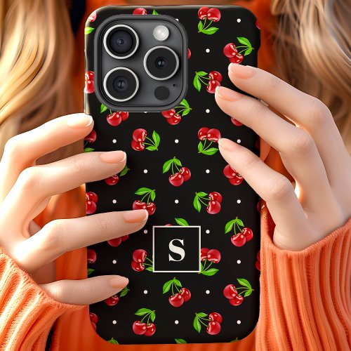 Cute Polka Dot Cherries On Black Monogram iPhone 15 Case