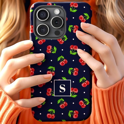 Cute Polka Dot Cherries On Navy Monogram iPhone 15 Case