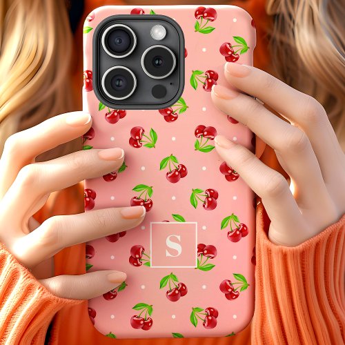 Cute Polka Dot Cherries On Pink Monogram iPhone 15 Case