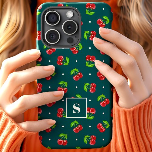 Cute Polka Dot Cherries On Teal Monogram iPhone 15 Case