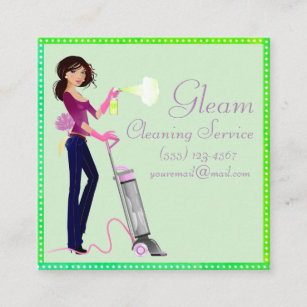 Cute Polka Dot Cleaning Service Lady Square Business Card