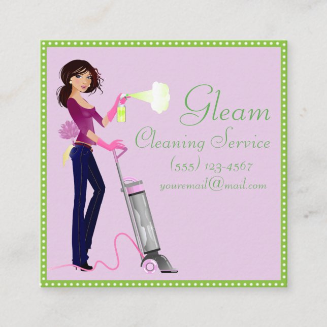 Cute Polka Dot Cleaning Service Lady Square Business Card (Front)