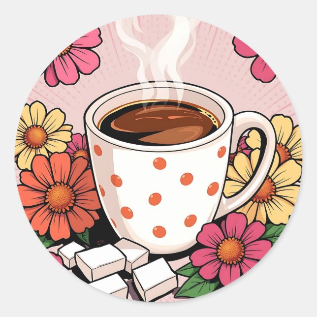 Cute Polka Dot Coffee Cup and Flowers Classic Round Sticker (Front)