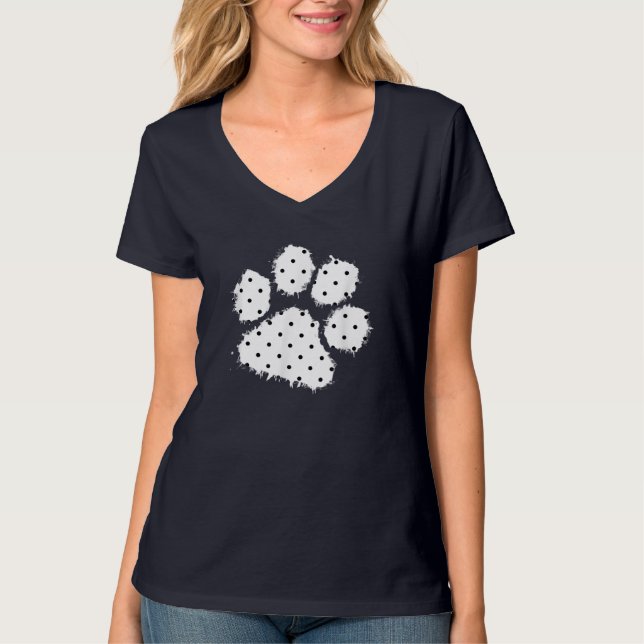 Cute Polka Dot Dog Paw Print White Black Splash Pe T-Shirt (Front)