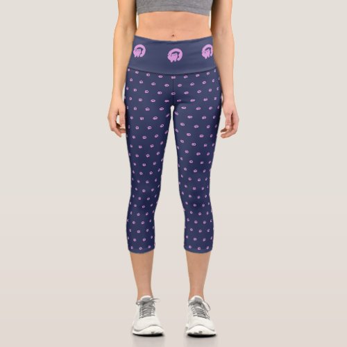 Cute polka dot kitten surprise pink blue pattern capri leggings