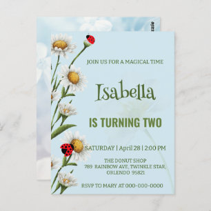 Cute Polka dot Ladybug Blue Daisy Kids Birthday Postcard