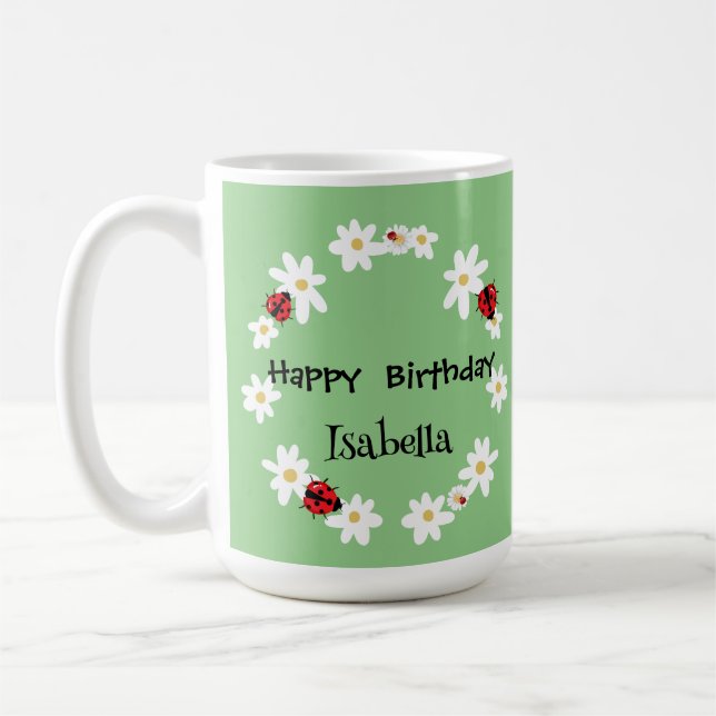 Cute Polka dot Ladybug Daisy Flower Birthday Party Coffee Mug (Left)