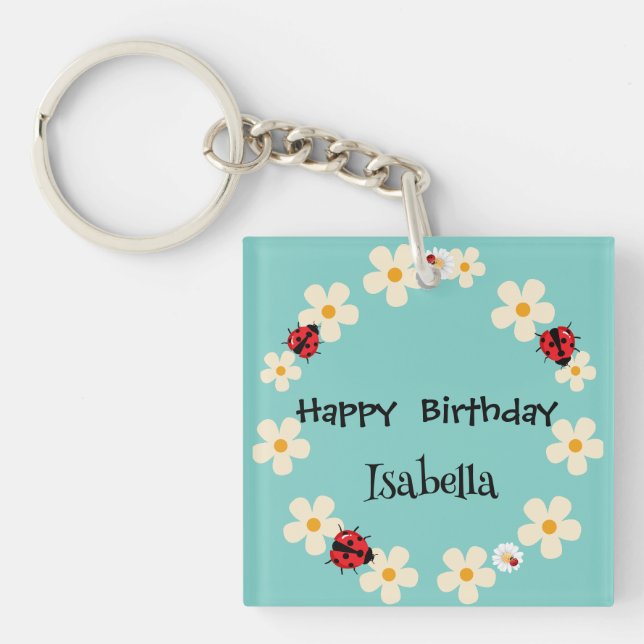 Cute Polka dot Ladybug Daisy Flower Birthday Party Keychain (Front)