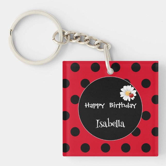 Cute Polka dot Ladybug Daisy Flower Birthday Party Keychain (Front)